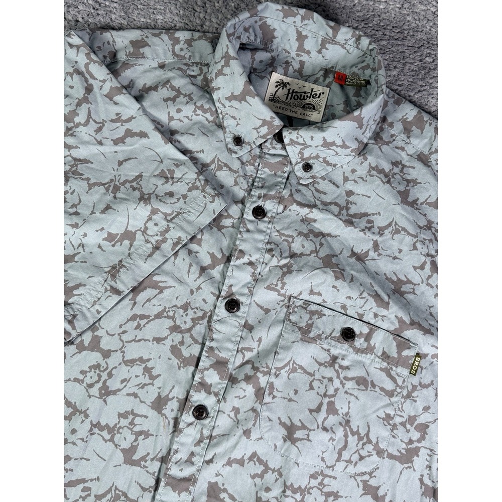 Howler Bros Mens Medium Blue Camo Short Sleeve Button Down Shirt Cotton Blend
